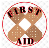 First aid logo with two tan bandages crossed to form an X shape, featuring white dots and red text reading First Aid within a red circle