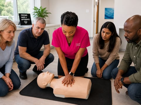 Group of people learning CPR on a practice dummy during a first aid training class