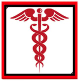 Red caduceus medical symbol with two intertwined snakes, a central staff, and winged top on white background with red border