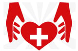 Two red hands cradling a red heart with a white cross symbol in the center