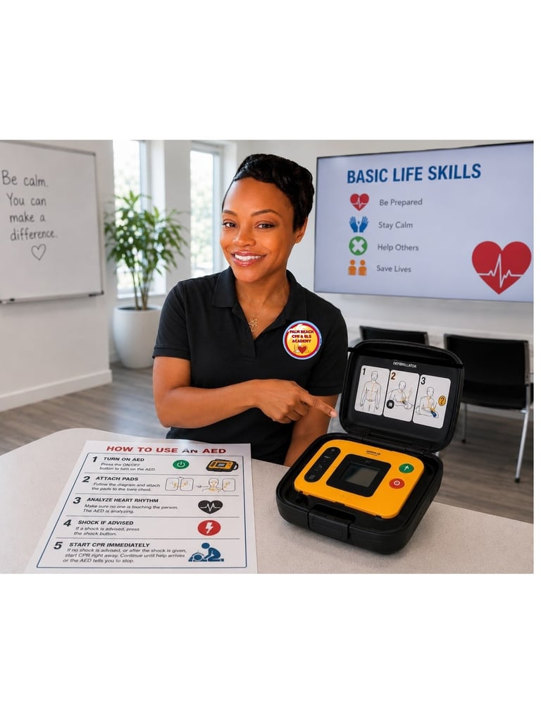 Healthcare professional demonstrating AED device with instructional materials and Basic Life Skills poster in medical office setting