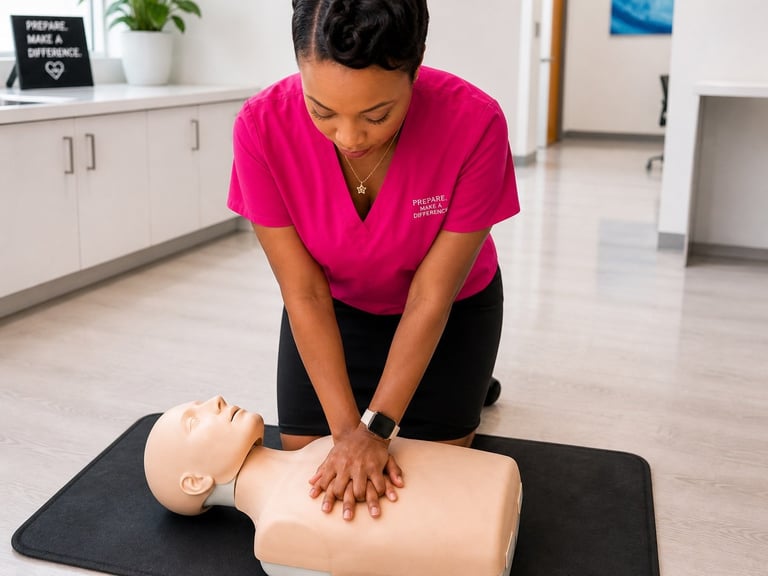 Healthcare instructor in pink shirt demonstrating chest compressions on CPR training mannequin
