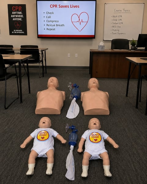 CPR training mannequins displayed in classroom with educational posters on wall and CPR instruction materials