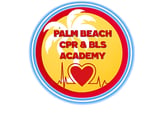 Palm Beach CPR and BLS Academy logo featuring a heart with heartbeat line on yellow background with blue border