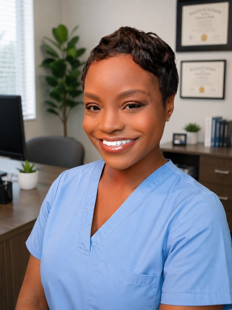 Professional woman in blue scrubs smiling in a modern medical office with framed certificates and plants visible in the background