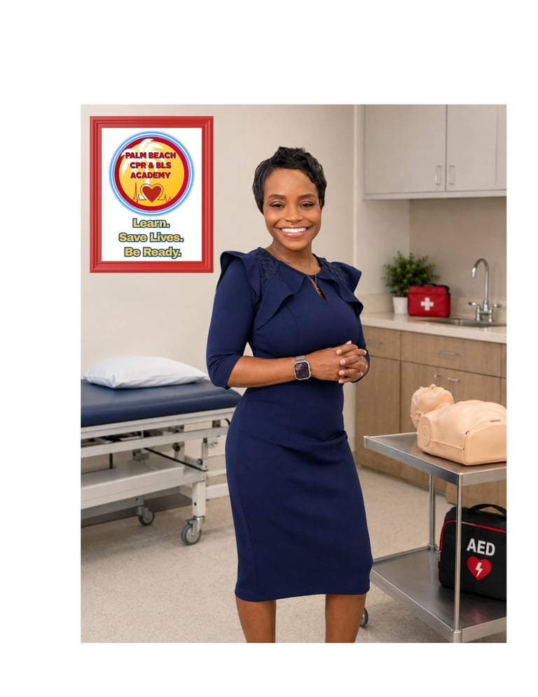 Woman in navy dress smiling in medical training room with CPR manikin, hospital bed, and AED equipment