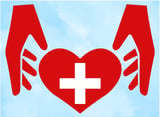 Two red hands protecting a heart with a white medical cross symbol on light blue background