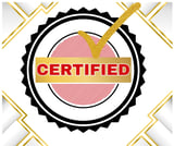 Certified badge seal with black scalloped border, red and white circular center, yellow checkmark and banner on white background with gold geometric patterns