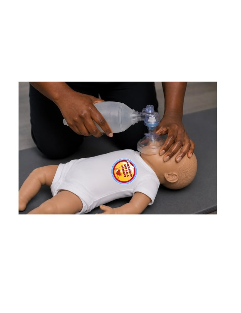 Instructor demonstrating rescue breathing on a CPR training mannequin by tilting the head back and using a rescue mask to provide ventilation