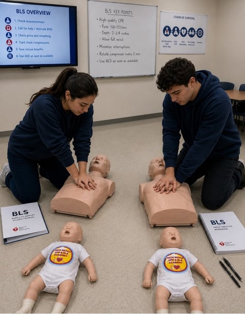Two instructors in navy jackets demonstrating chest compressions on CPR manikins during a BLS training course