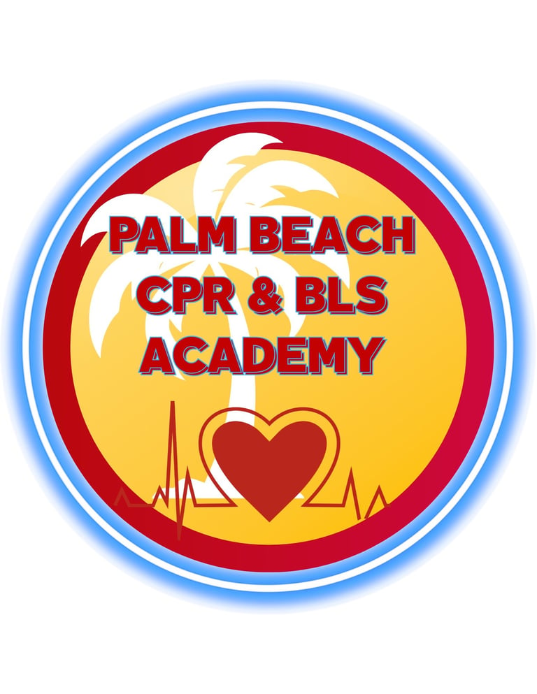 Palm Beach CPR and BLS Academy logo featuring a yellow circle with palm tree, red heart, and ECG waveform on blue background